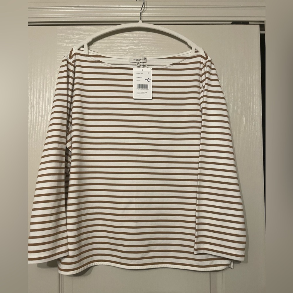 Lafayette 148 New York Breton Stripe White and Brown Striped Long Sleeve Top